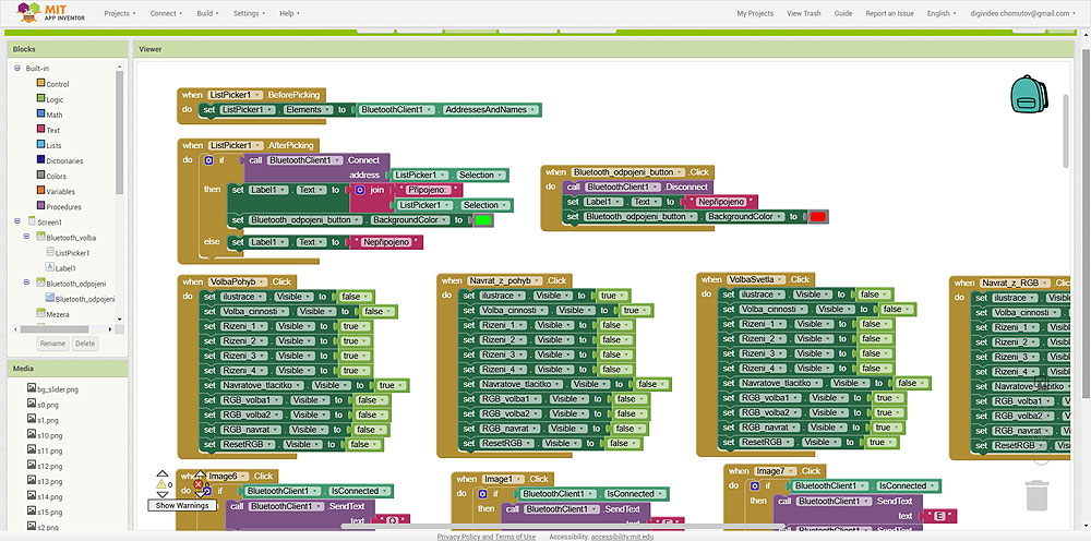 MIT App Inventor - rozhraní Blocks